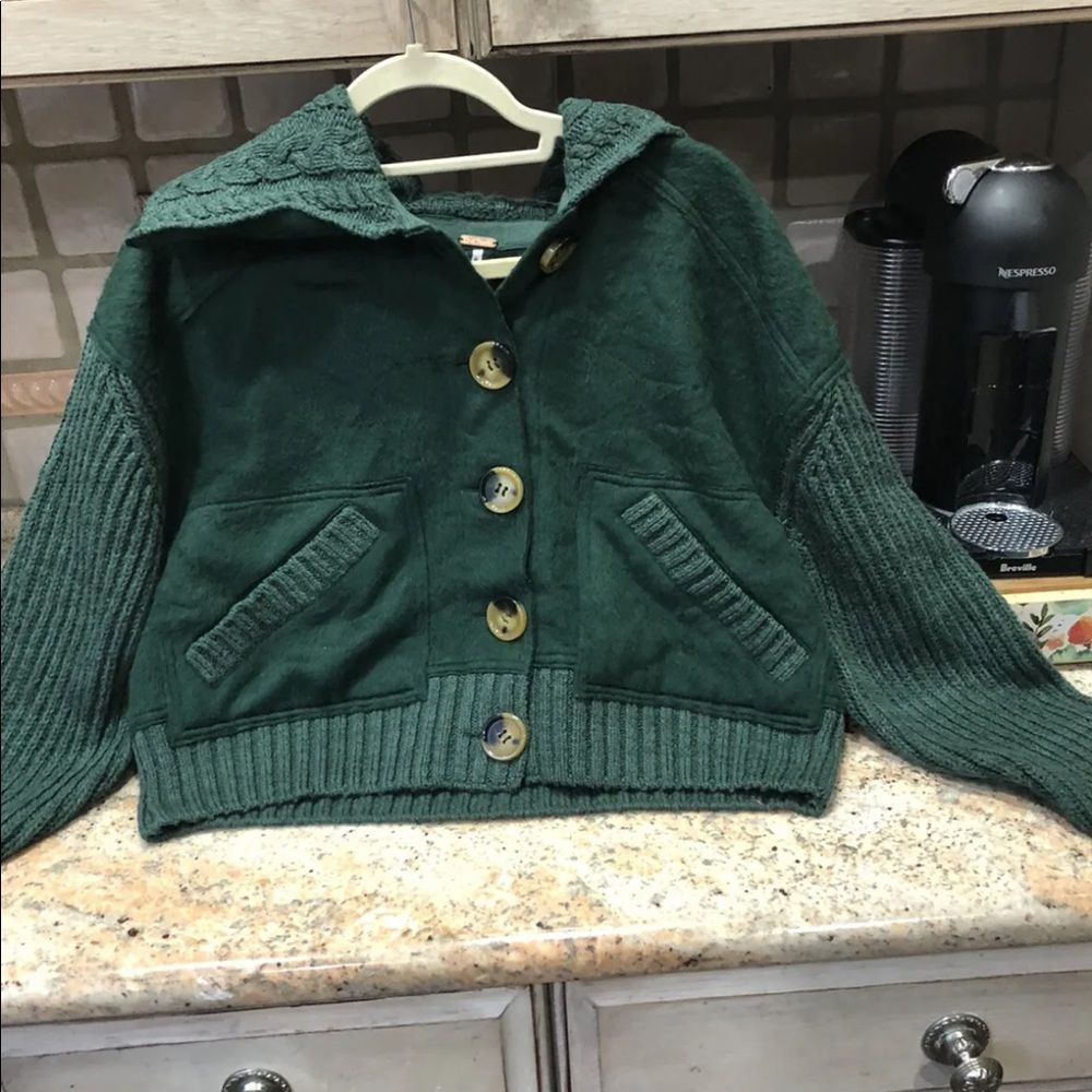 Free People Bennie Blanket Cardi Ribbed Sleeves Hemline Knit Chunky Green - Picture 7 of 8